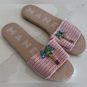 MANEBI SIZE 38 USA 8 JUTE FLAT SLIP ON STYLE SANDALS PALM TREE "BLING" GREAT PRE
